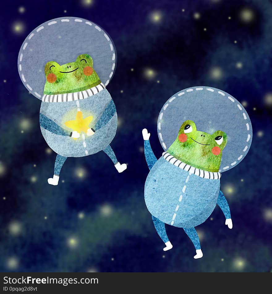 Children`s illustration of a cheerful astronaut, funny frog