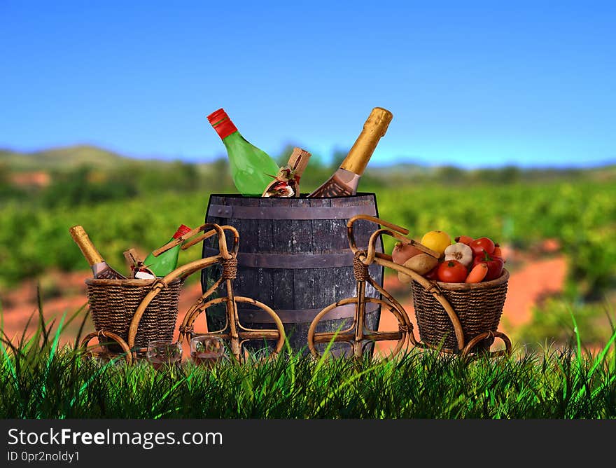 Barrel and trolleys full of wine and champagne
. Photographed on April 10th