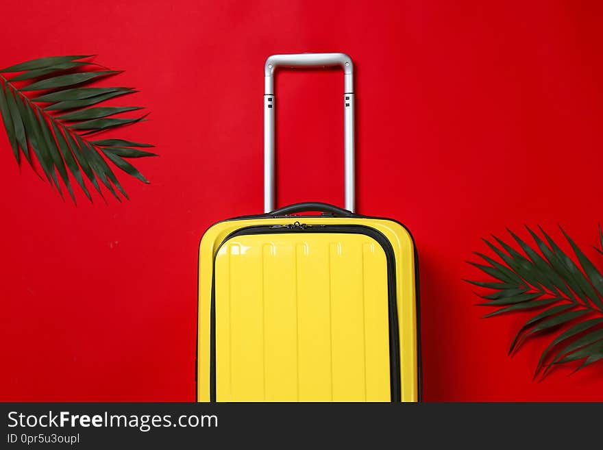 Stylish suitcase and exotic leaves on color background, flat lay