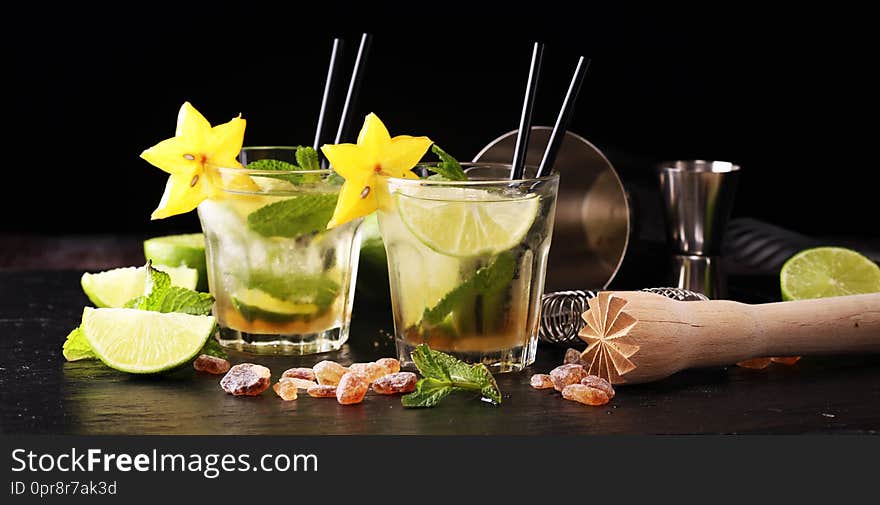 Lemon Fruit Lime Caipirinha of Brazil on table