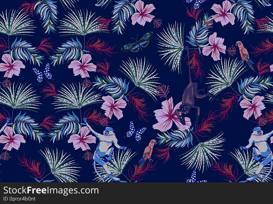 Tropical night seamless pattern with flowers, monkey and parrots. Vector floral patch for print.