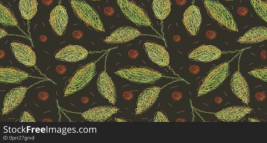 Seamless pattern of leaves and fruits.