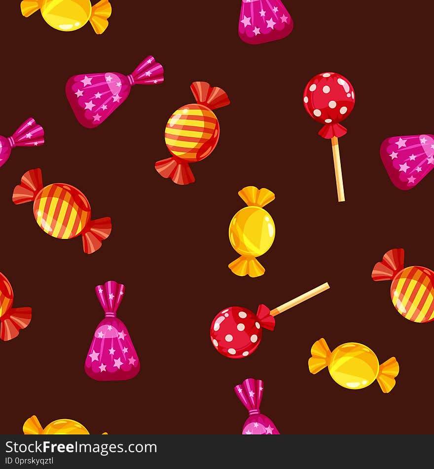 Seamless pattern of colored chocolates in a pack, caramel, chocolate. Cute ornament for packaging, fabric, background