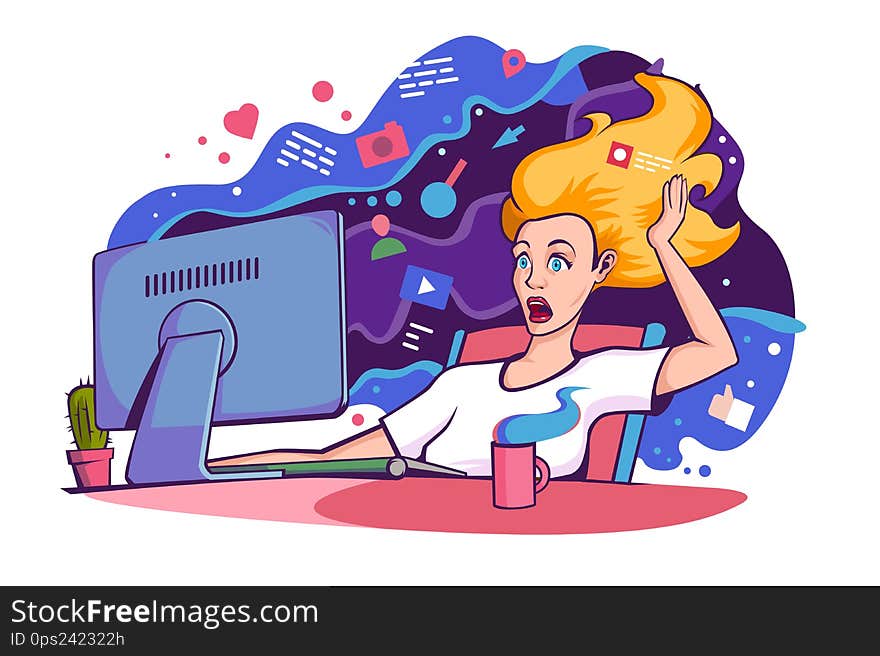 Flat young woman with computer and cup of tea, coffee suprised internet blows away. Concept girl character with online website icons with social, camera, point, video, relationship. Vector illustration.