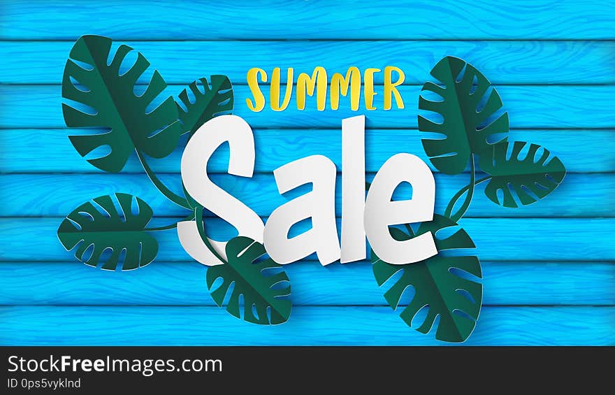 Summer banner in the paper craft style come with monstera leaves or swiss cheese plant and summer sale text put over the light blue plank of wood