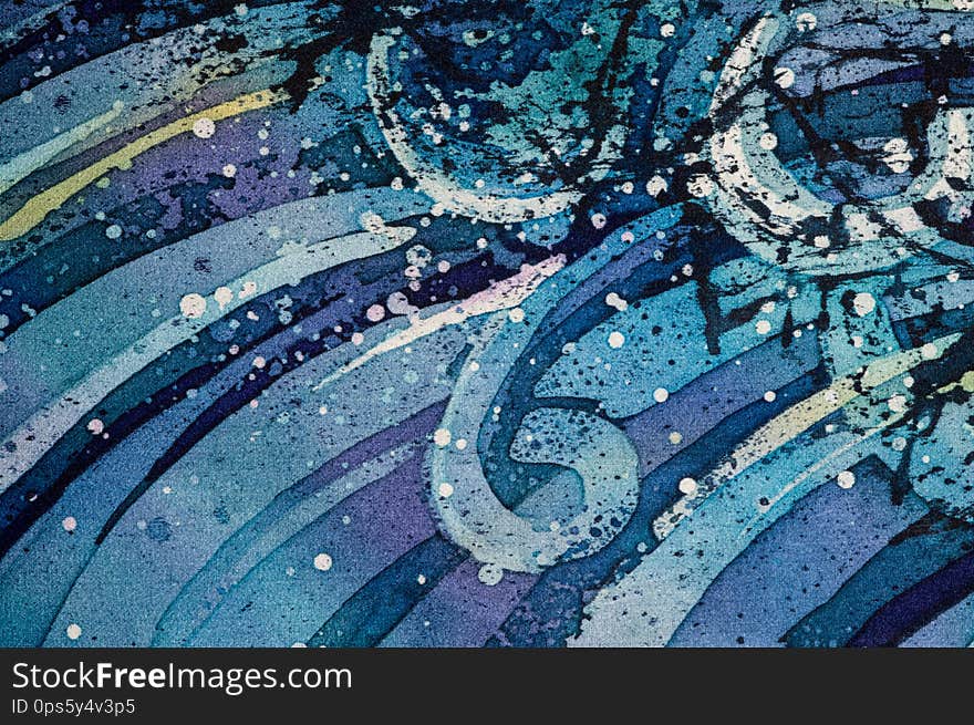 Waves, curly, turquoise, hot batik, background texture, handmade on silk, abstract surrealism art