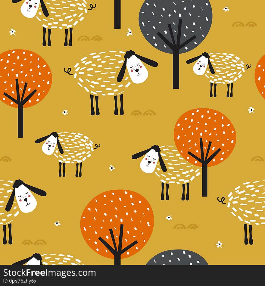 Sheeps and trees, hand drawn backdrop. Colorful seamless pattern with animals. Decorative cute wallpaper, good for printing. Overlapping colored background vector. Design illustration. Sheeps and trees, hand drawn backdrop. Colorful seamless pattern with animals. Decorative cute wallpaper, good for printing. Overlapping colored background vector. Design illustration