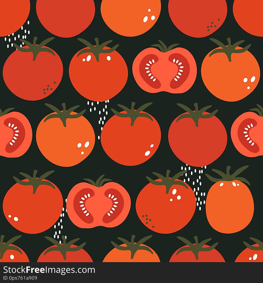 Fresh tomatoes, hand drawn seamless pattern. Overlapping background, vegetables vector. Colorful illustration with food. Decorative wallpaper, good for printing. Design backdrop, tomato. Fresh tomatoes, hand drawn seamless pattern. Overlapping background, vegetables vector. Colorful illustration with food. Decorative wallpaper, good for printing. Design backdrop, tomato