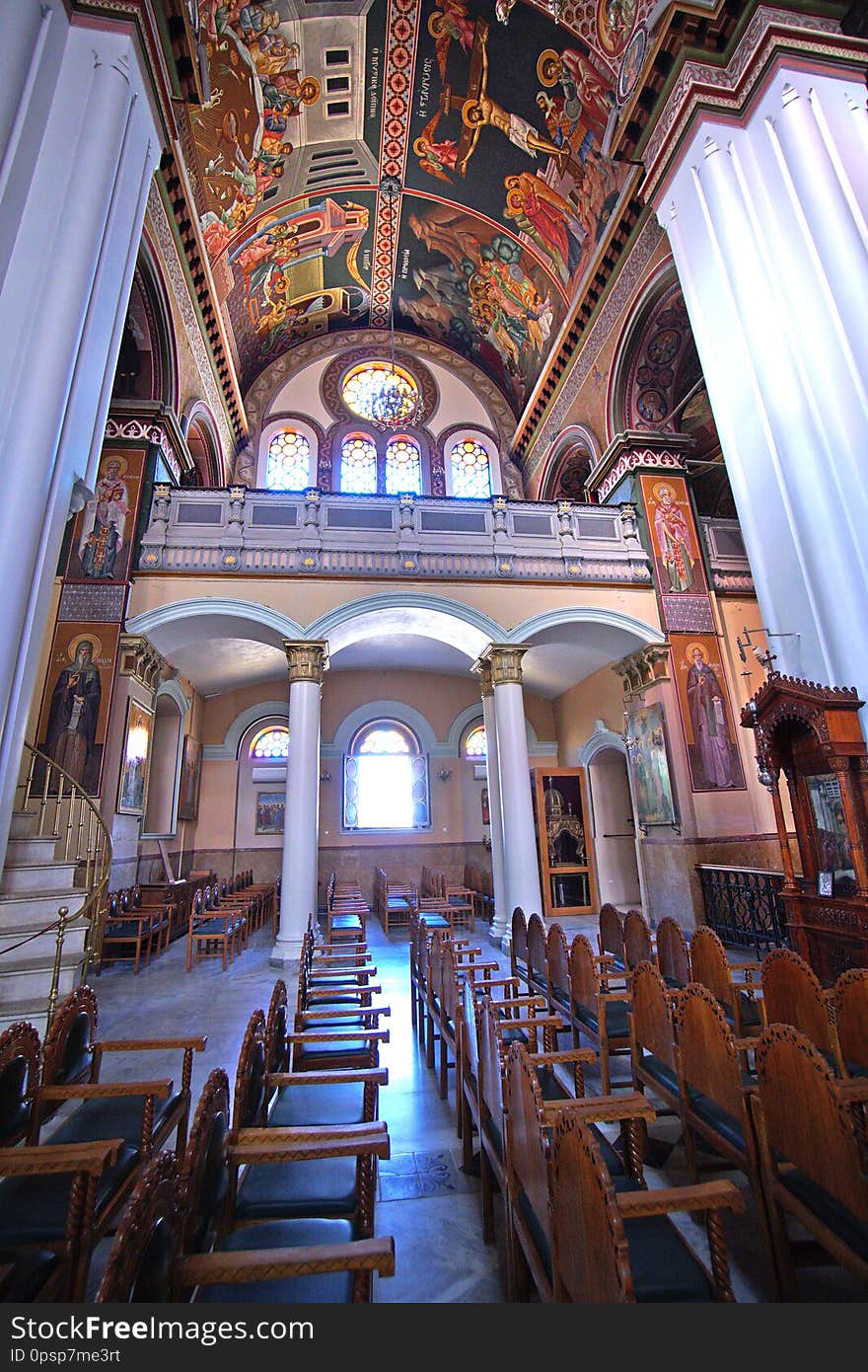 Heraklion, Greece, September 25 2018, Interior view of Agios Minas & x28;Saint Minas& x29; Cathedral in the historic center island sky symbol history travel religious religion architecture catholic christianity background crete tourism destination building tourist summer mediterranean holiday church famous dome landmark town cross blue exterior beautiful worship ancient temple orthodox europe european old city tower greek culture. Heraklion, Greece, September 25 2018, Interior view of Agios Minas & x28;Saint Minas& x29; Cathedral in the historic center island sky symbol history travel religious religion architecture catholic christianity background crete tourism destination building tourist summer mediterranean holiday church famous dome landmark town cross blue exterior beautiful worship ancient temple orthodox europe european old city tower greek culture