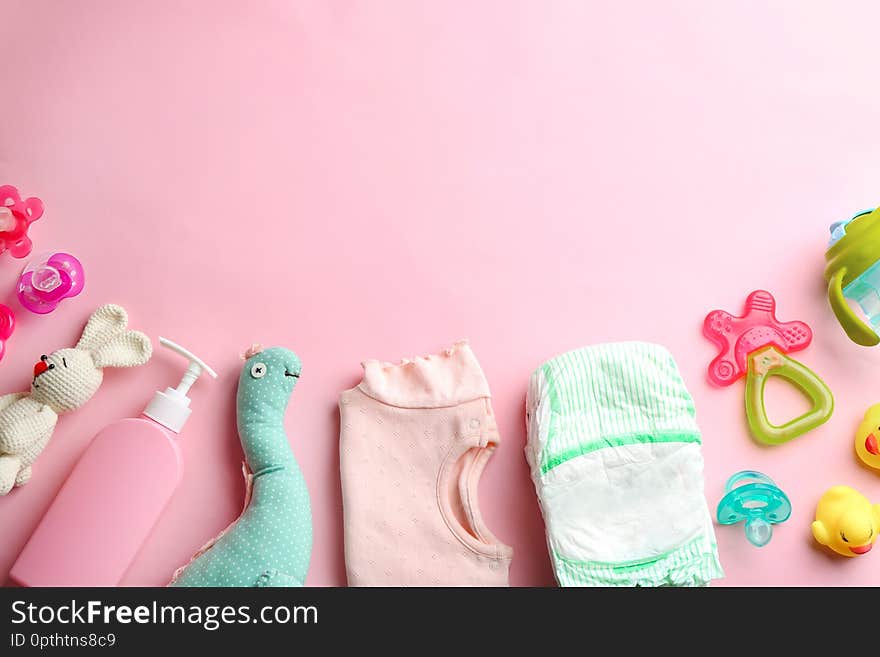 Flat Lay Composition With Baby Accessories On Color Background