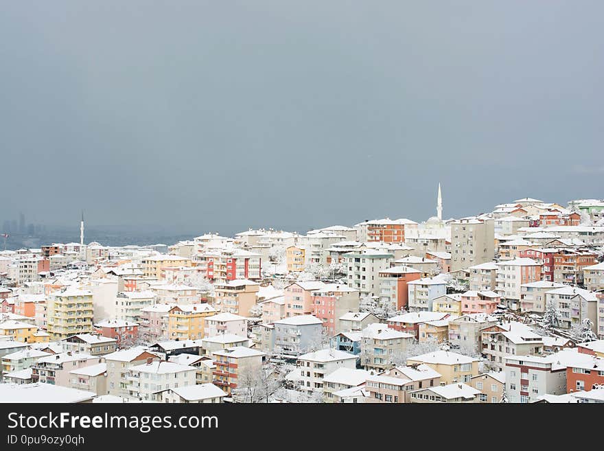 A winter view from the city of Istanbul with houses covered with white snow