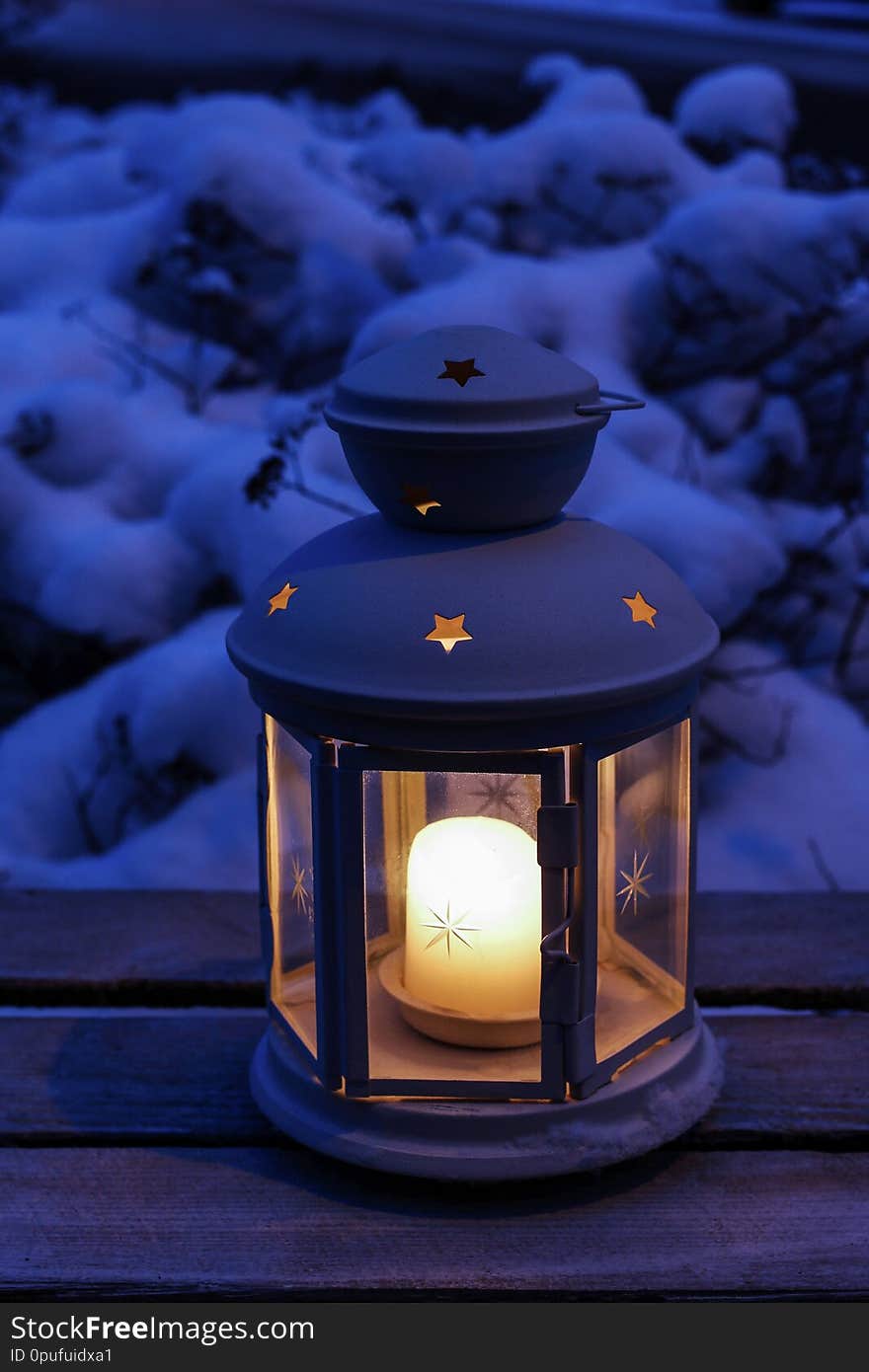 Lantern on snow. Winter garden