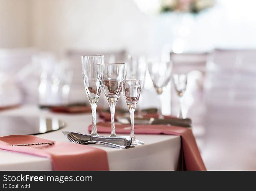 Banquet table setting. Wedding table detail. Banquet table setting. Wedding table detail