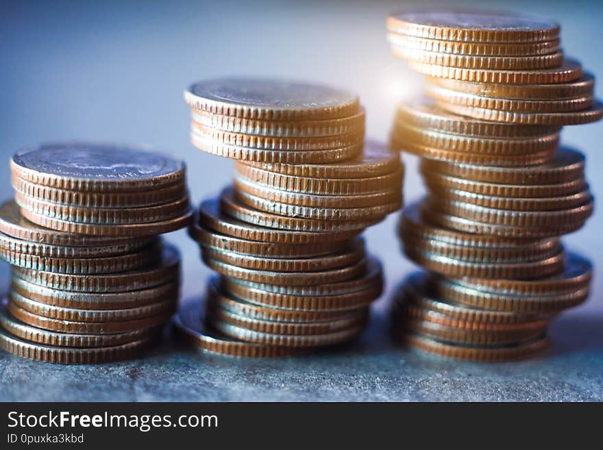 Finance and business concept. Double exposure and rows of coins for banking. Finance and business concept. Double exposure and rows of coins for banking