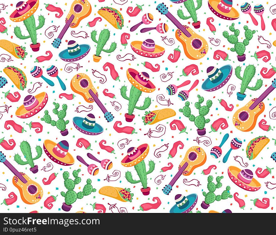 Mexican seamless pattern  with cactus and guitar