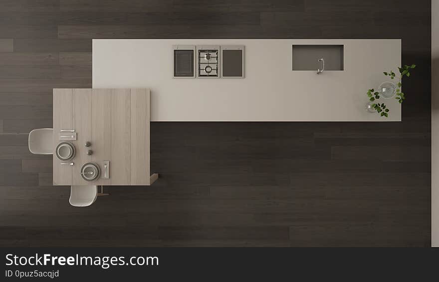 White and gray minimalist kitchen in eco friendly apartment, island, table, stools and cabinet with accessories, big window