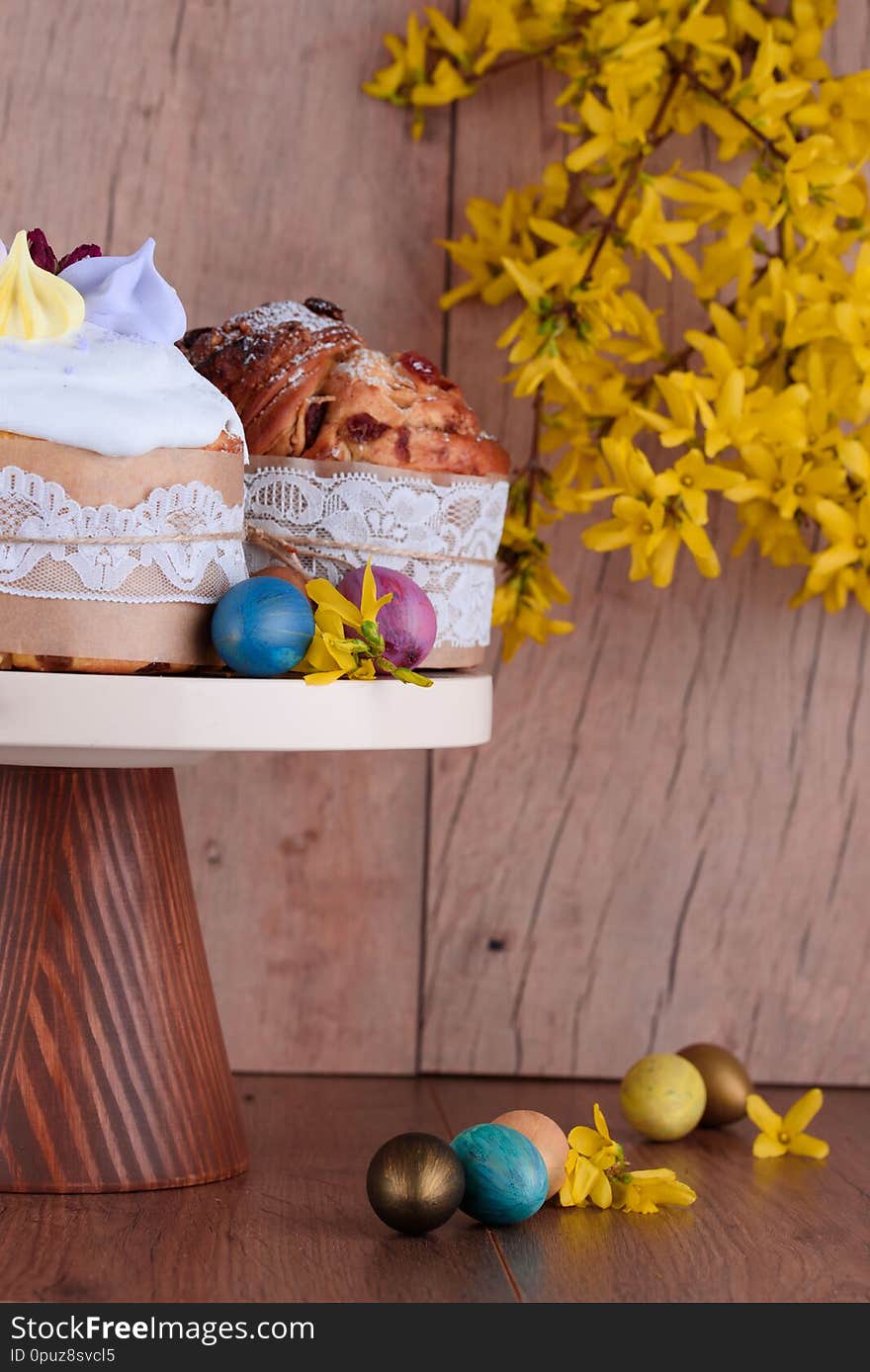 Delicious Pastry Baking. Easter Cake With Filling. Quail Eggs. Flowers, Table, Dishes