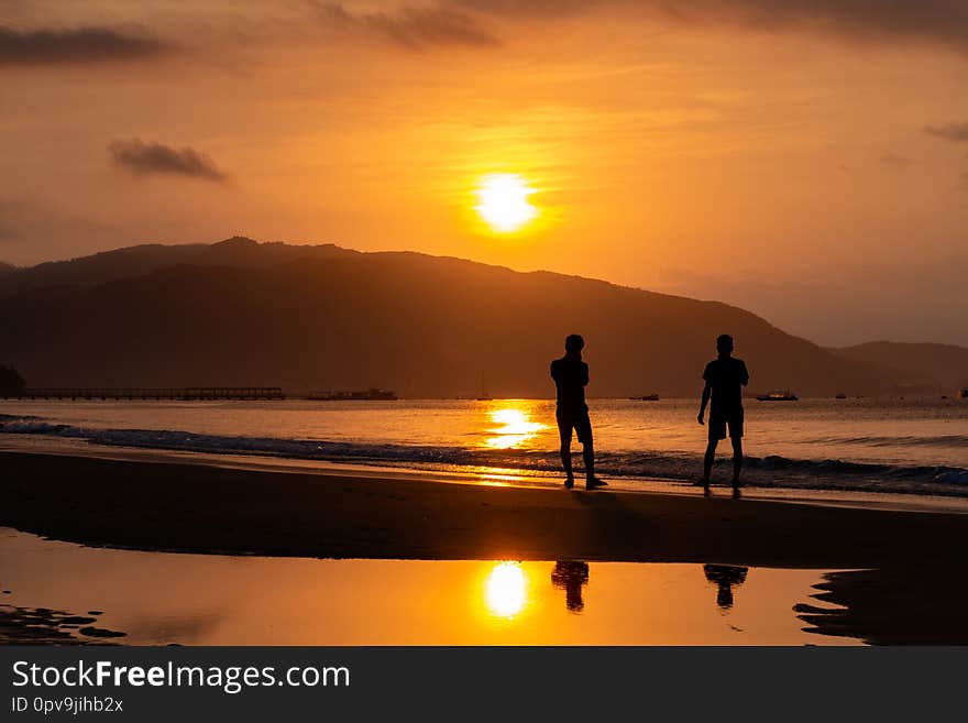 Silhouettes of people on the background of a golden dawn on the