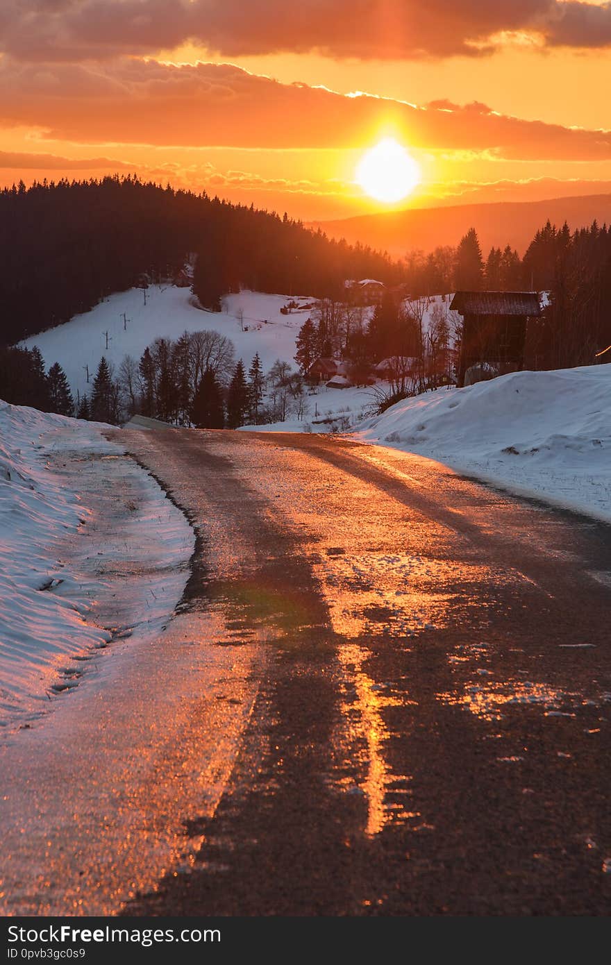 Sunset - Staré Hamry, CHKO Beskydy - Czech Republic in winter. Sunset - Staré Hamry, CHKO Beskydy - Czech Republic in winter