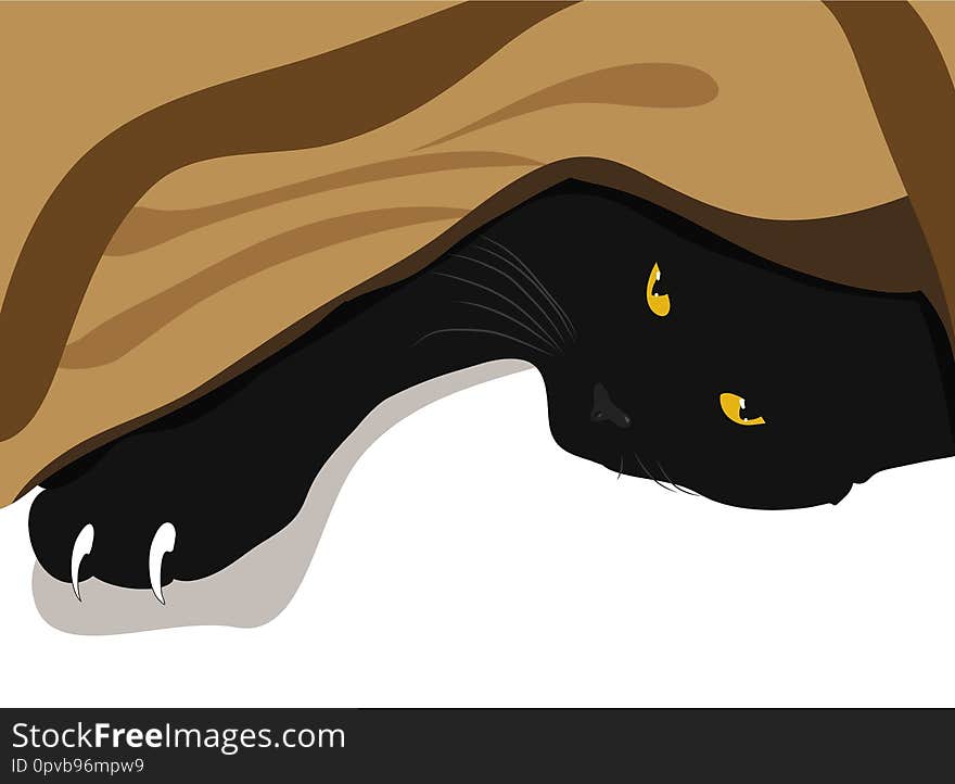 The black cat lies under blanket. Paw with large white claws. Cartoon vector illustration. The black cat lies under blanket. Paw with large white claws. Cartoon vector illustration