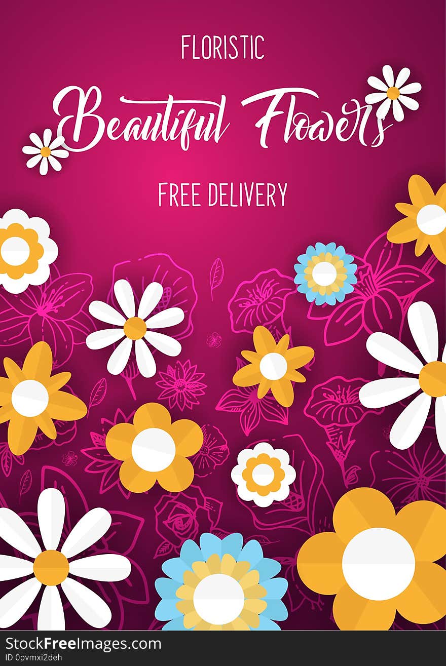 Flat flowers on a sketches background. Floral banner. Vector illustration.