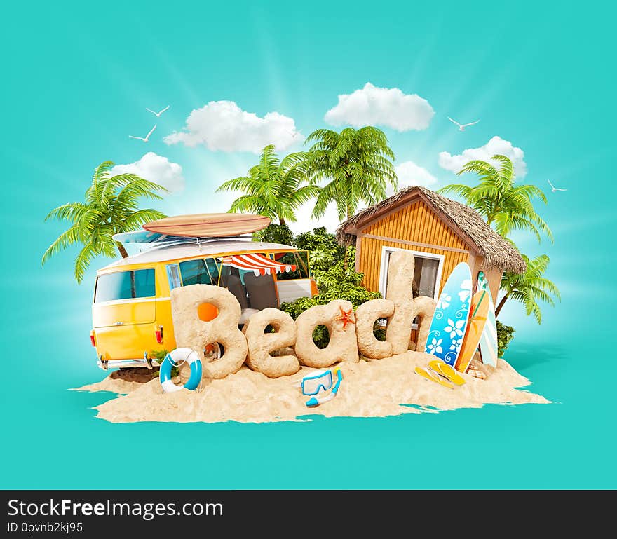 The word Beach made of sand on a cute little tropical island. Unusual 3d illustration of summer vacation. Travel and vacation concept.