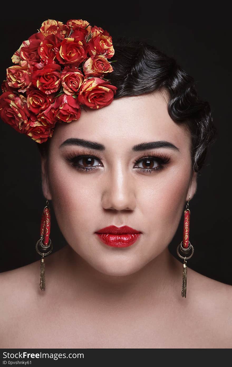 Vintage style portrait of asian woman with fancy prom hairdo