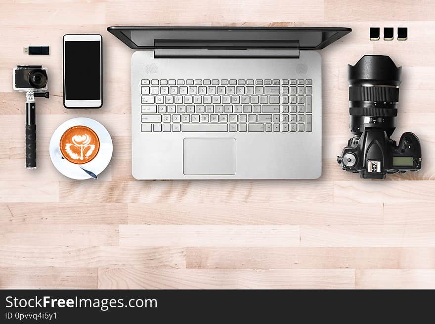 Professional Photographer Working Desk With Dslr Camera And Photograph Equipment , Freelance Business Workplace Concept