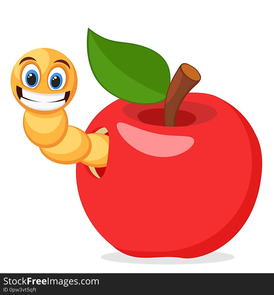 Red Apple with worm on a white background. Character.