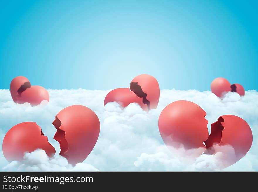 3d rendering of red broken hearts in white clouds on blue sky background. Digital art. Feelings and emotions. Relationship problems.