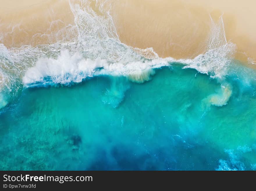 Coast as a background from top view. Turquoise water background from top view. Summer seascape from air. Nusa Penida island, Indonesia. Travel - image