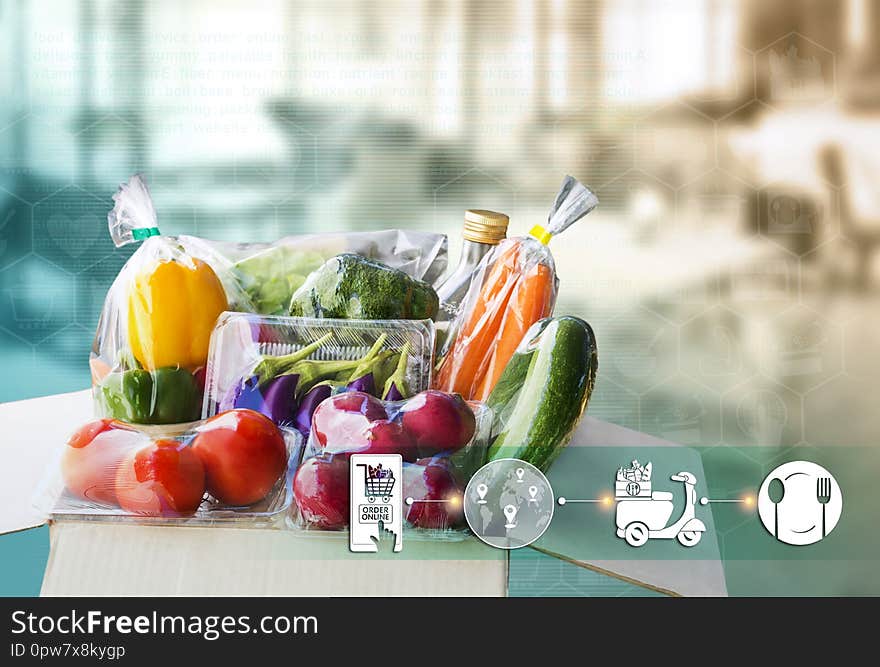 Food Delivery service at home for order online. Ingredients food for cooking in packages box and icon media on the restaurant background with blank for text and logo