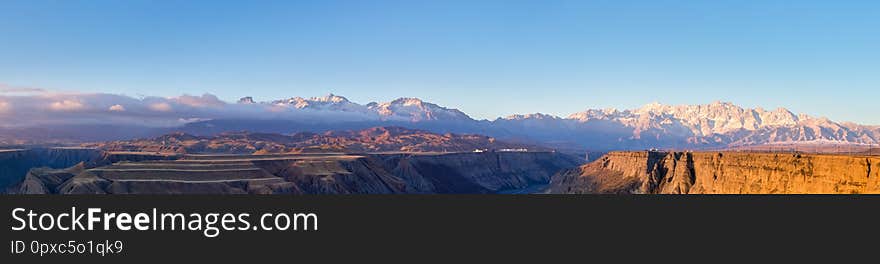 Panoramic view of canyon scenery in sunrise,  kuitun ,xinjiang,China. Panoramic view of canyon scenery in sunrise,  kuitun ,xinjiang,China