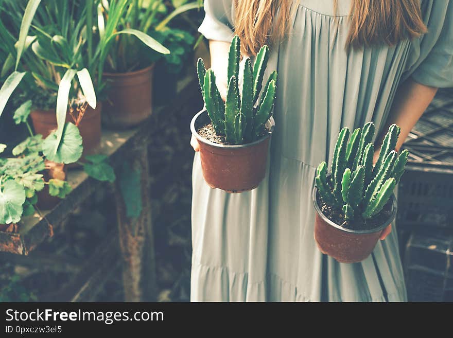 Woman holds 2 pots of succulents  in greenhouse