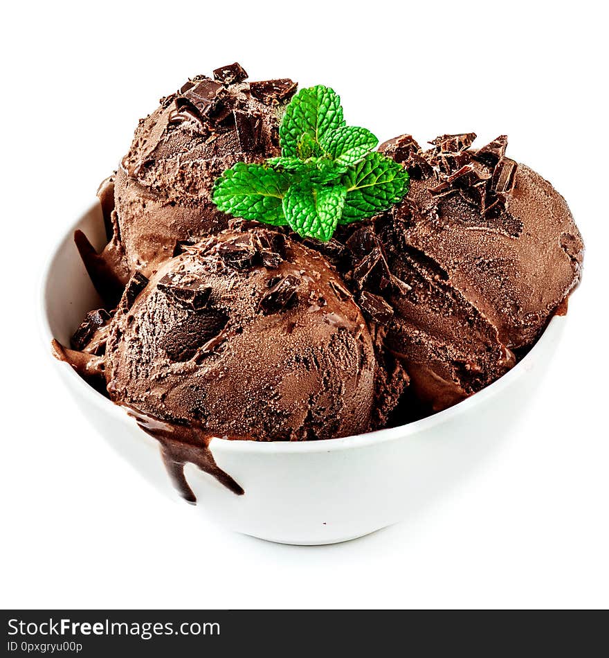 Bowl Of Chocolate Ice Cream With Peppermint Isolated On White Background