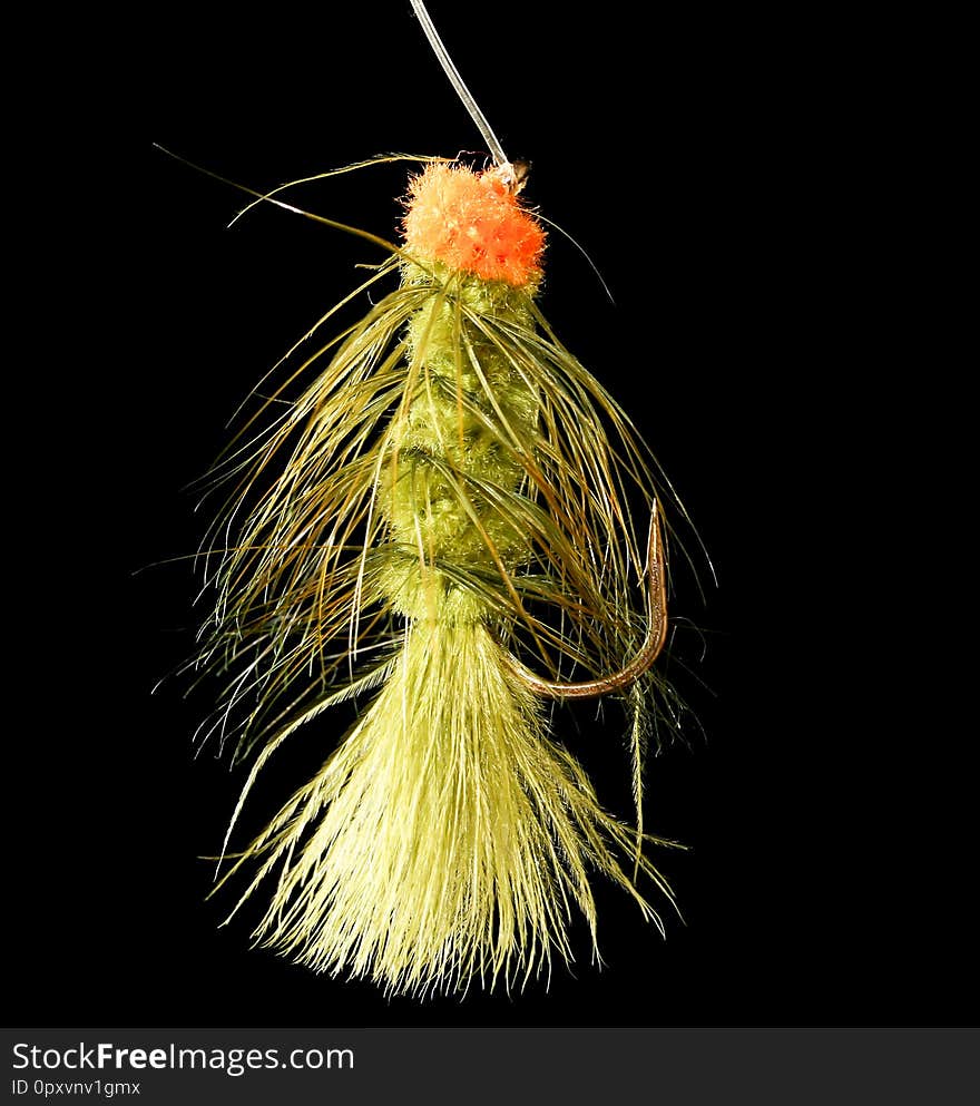 Feathers on the hook for fishing on a black background .