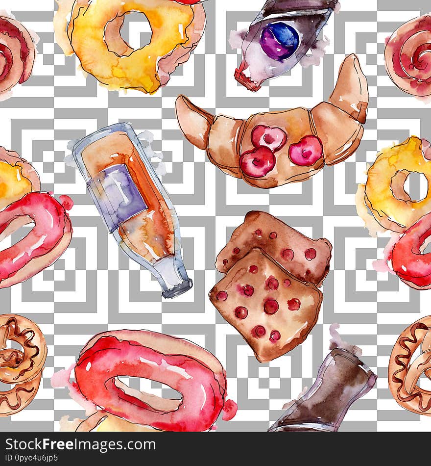 Tasty cake and bun in a watercolor style food. Hand drawning fashion aquarelle. Watercolour illustration set. Seamless background pattern. Fabric wallpaper print texture. Tasty cake and bun in a watercolor style food. Hand drawning fashion aquarelle. Watercolour illustration set. Seamless background pattern. Fabric wallpaper print texture.