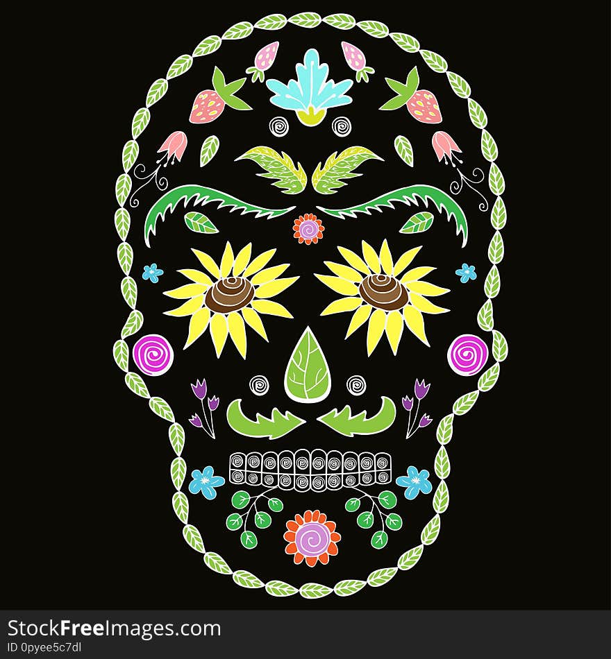 Human skull with flower elements for religion or halloween design.  image