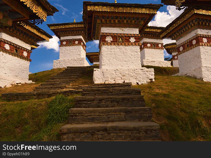 The 108 memorial chortens or stupas known as Druk Wangyal Chortens at the Dochula pass, Bhutan