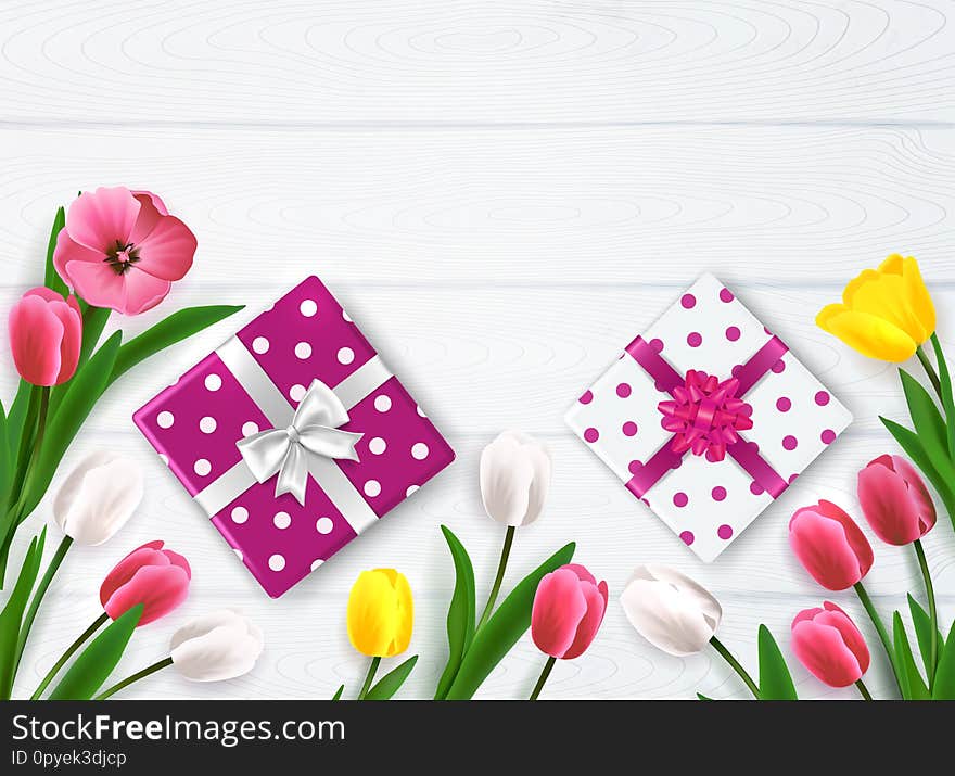 Mothers day composition with top view of polka-dot gift boxes and flowers on wooden background vector illustration. Mothers day composition with top view of polka-dot gift boxes and flowers on wooden background vector illustration