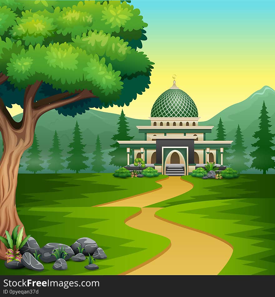 Illustration of Cartoon road to the mosque with a beautiful landscape