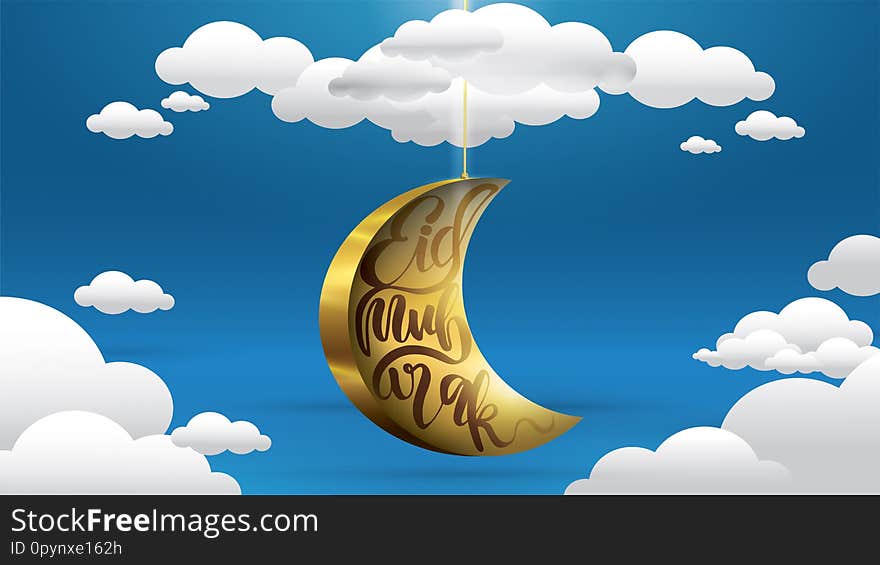 Eid Mubarak greeting Card Illustration, ramadan kareem vector Wishing for Islamic festival with sparkling golden moon in the blue