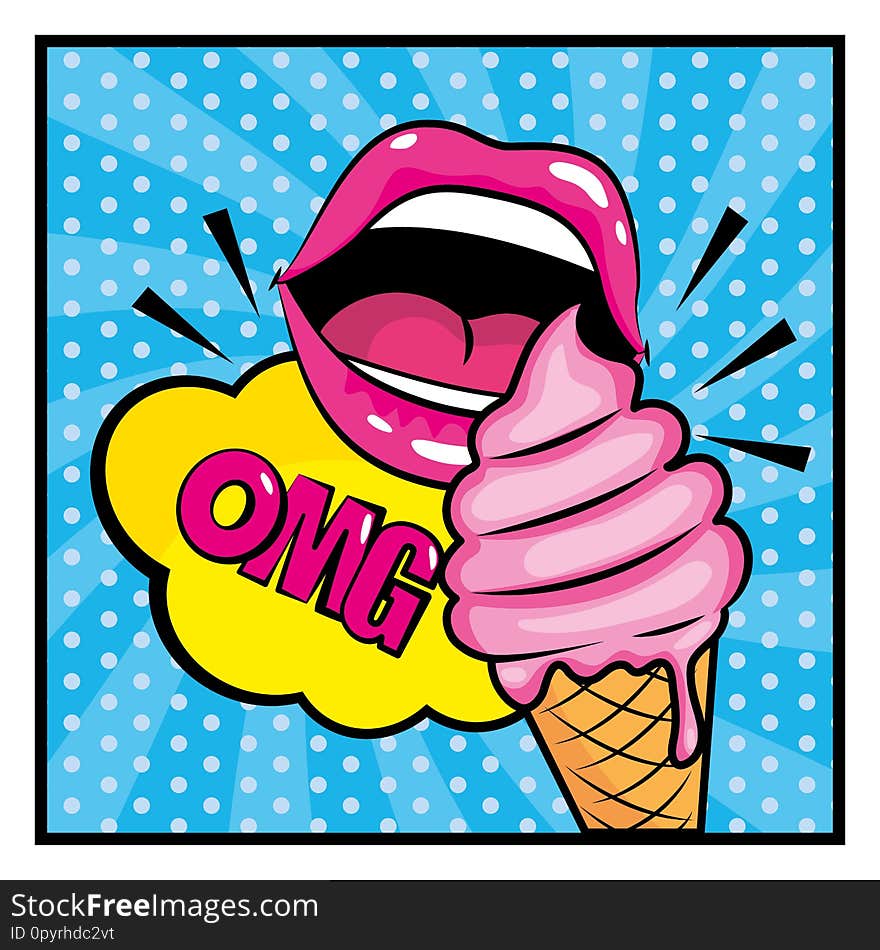 Mouth eating ice cream and omg message vector illustration