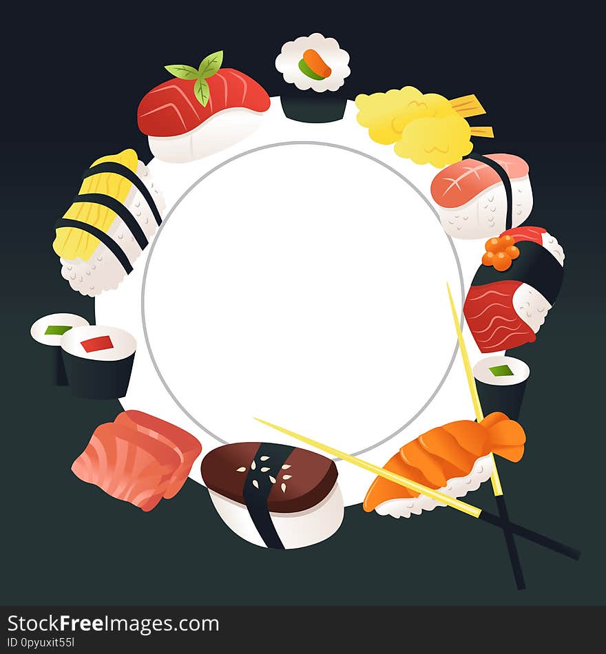 A cartoon vector illustration of sushi and sashimi around a white plate copy space background. A cartoon vector illustration of sushi and sashimi around a white plate copy space background