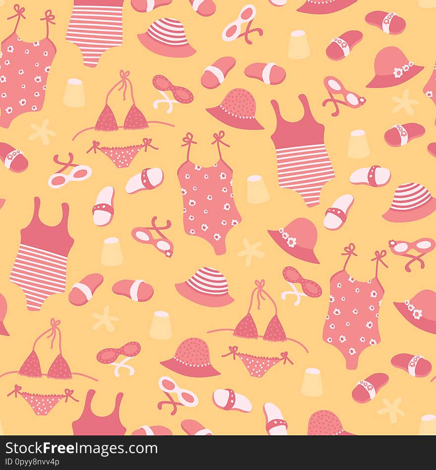 Vector summer fashion seamless pattern with girl beach accessories. Cute travel background with sunglasses, hats, swimsuits, bikini, starfishes on sand background for fabric, wallpaper, scrapbooking projects. Surface pattern design.