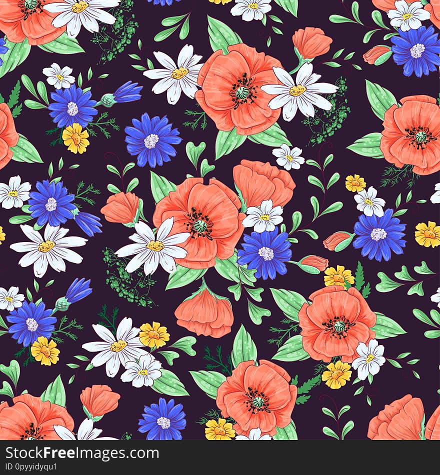 Red poppies and daisies seamless pattern. Hand drawing. Vector illustration.