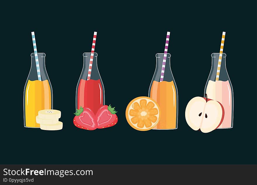 Fresh and tropical juices fruits in botttles with straws vector illustration design
