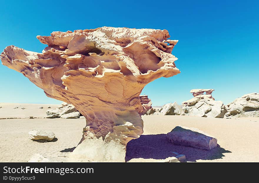 Arbol de piedra - Stone tree rock formation in Bolivia (Arbol de Piedra) of the Uyuni Salt Flat, South America