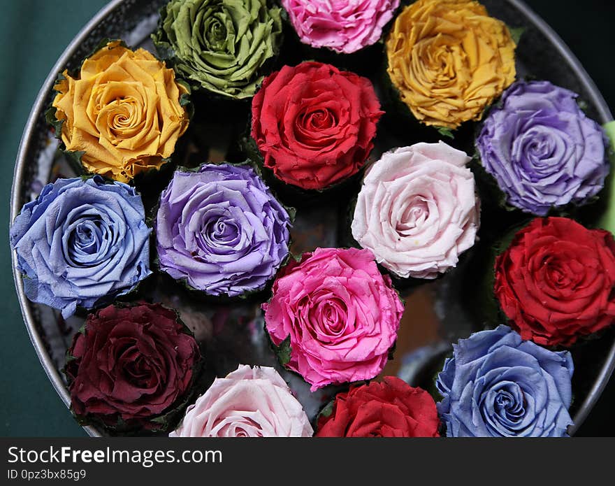 Dried colored roses lying on a tray. Nostalgia, vintage and fragrance concept.