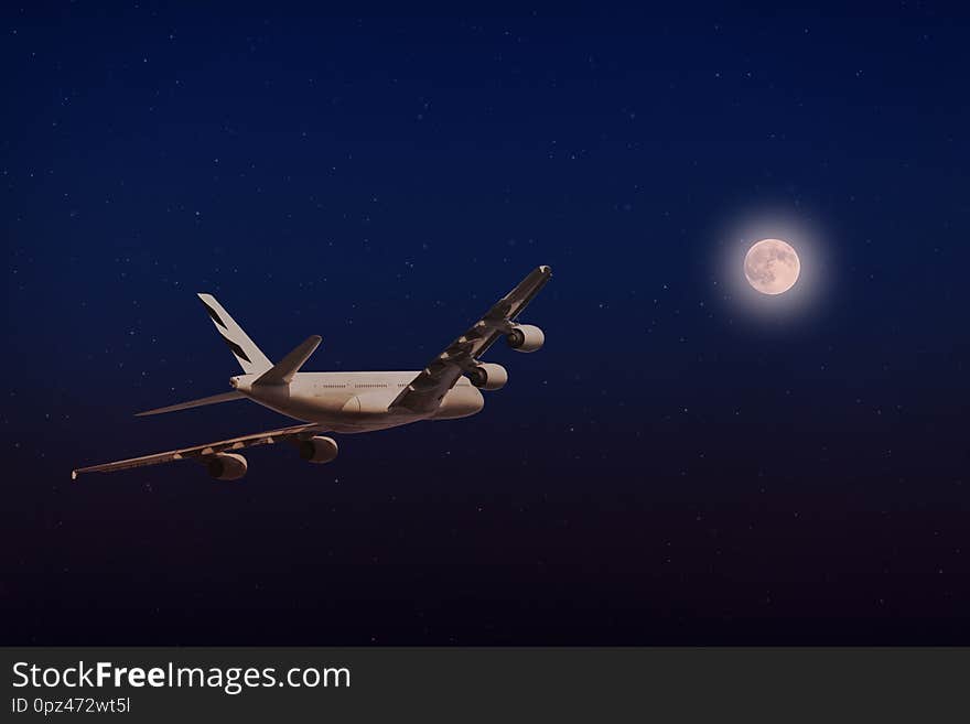 A plane flying towards a beautiful moonlight. A plane flying towards a beautiful moonlight